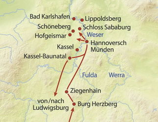 Routenverlauf Studienreise Märchenlandschaft Nordhessen - Neue Heimat für Hugenotten, ©Karawane